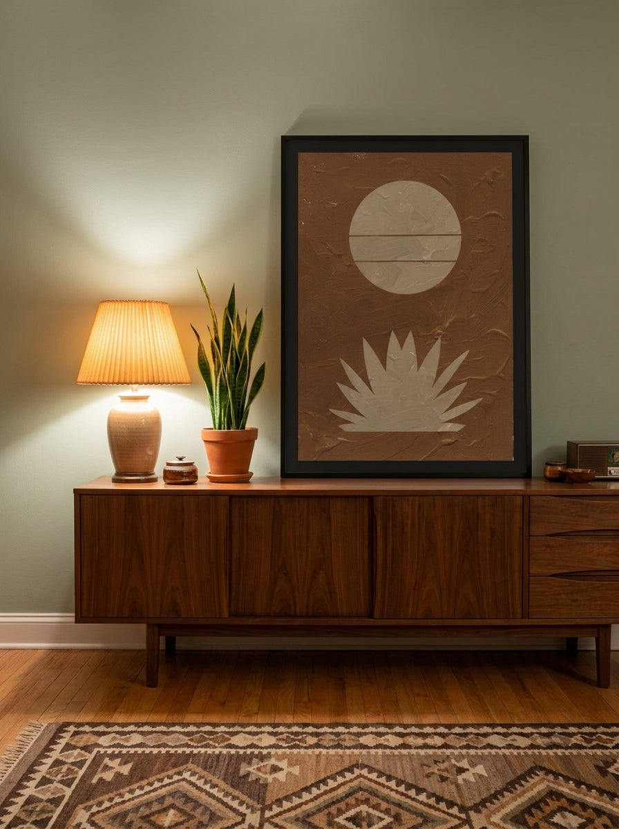 Modern wall art print standing on a sideboard in a mid-century living room