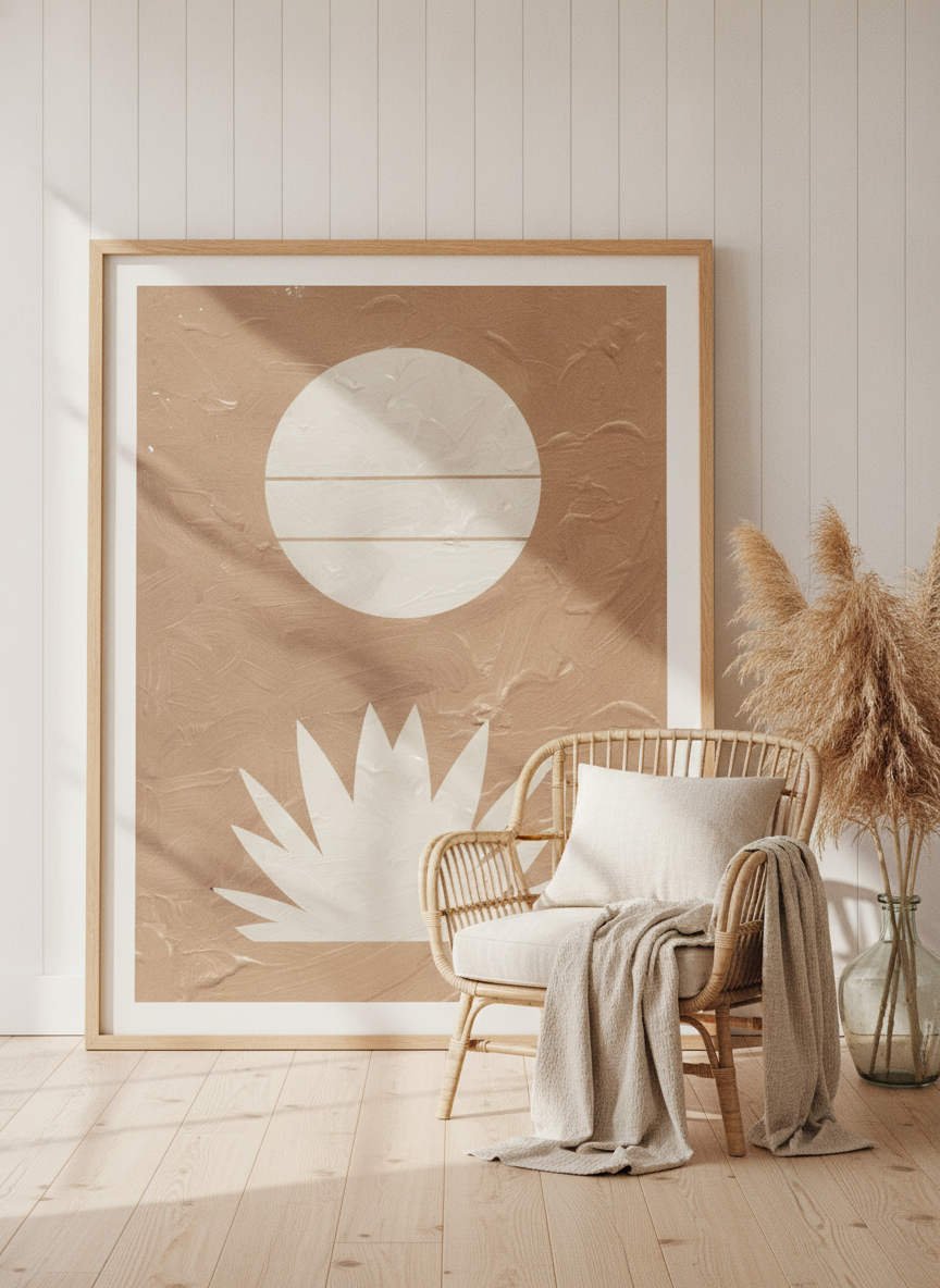 Oversized statement modern wall art print leaning against the wall in a coastal living room