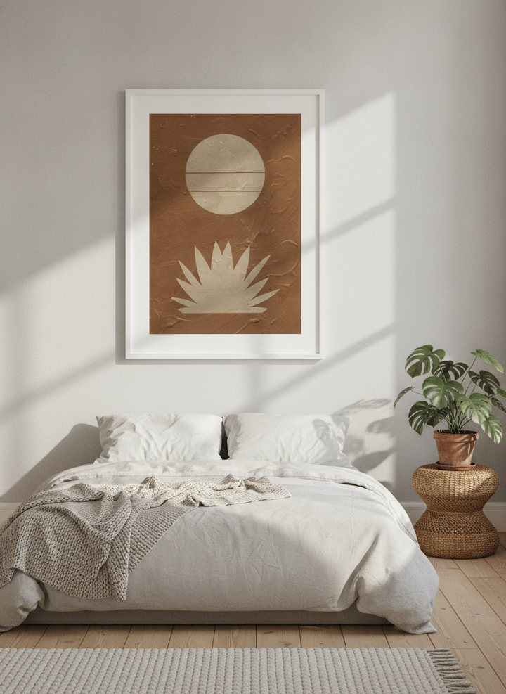 Modern wall art print styled on the wall in a bright Scandinavian bedroom