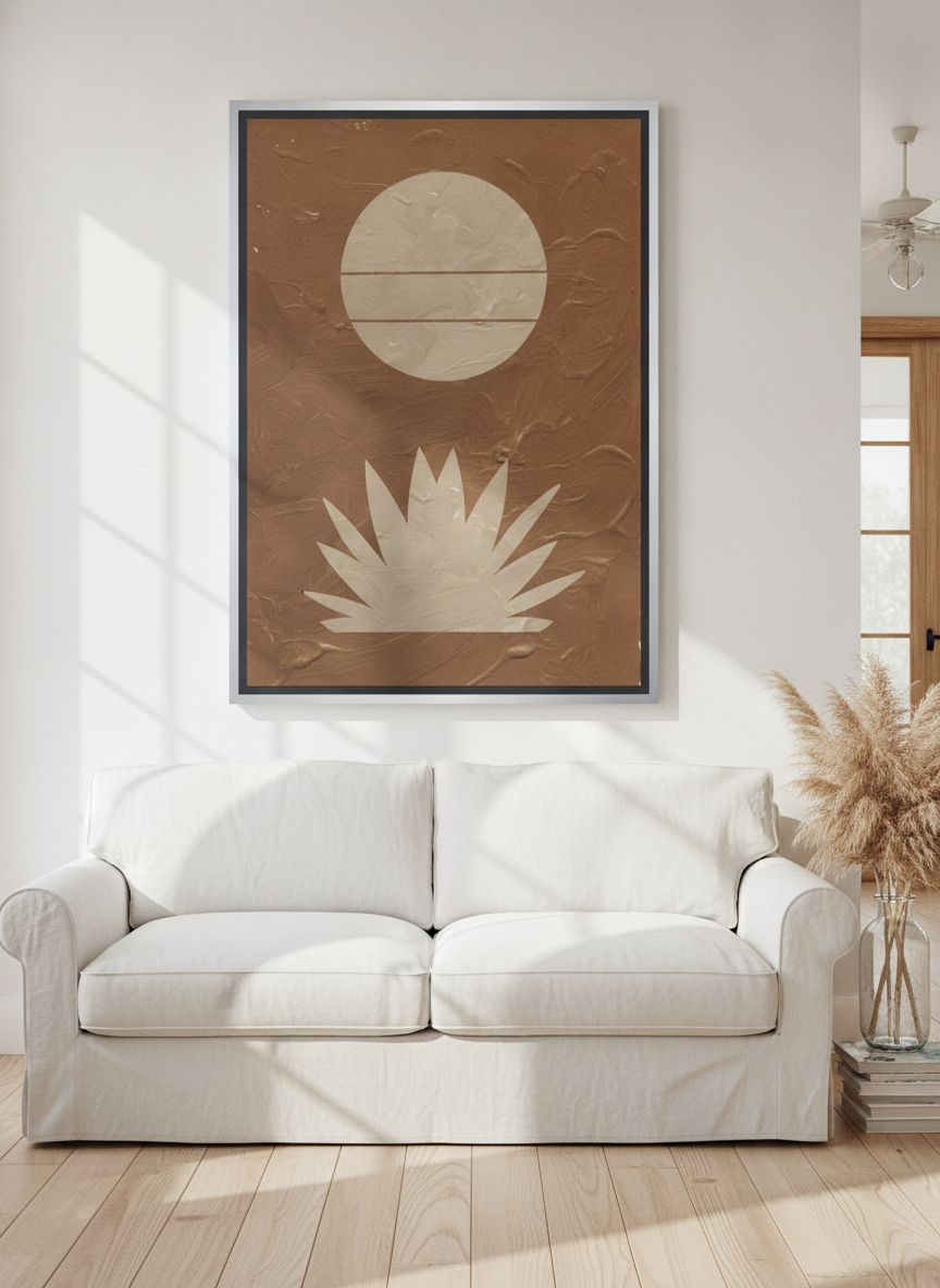 Oversized statement canvas wall art with a silver leaf surround styled on the wall in a coastal living room