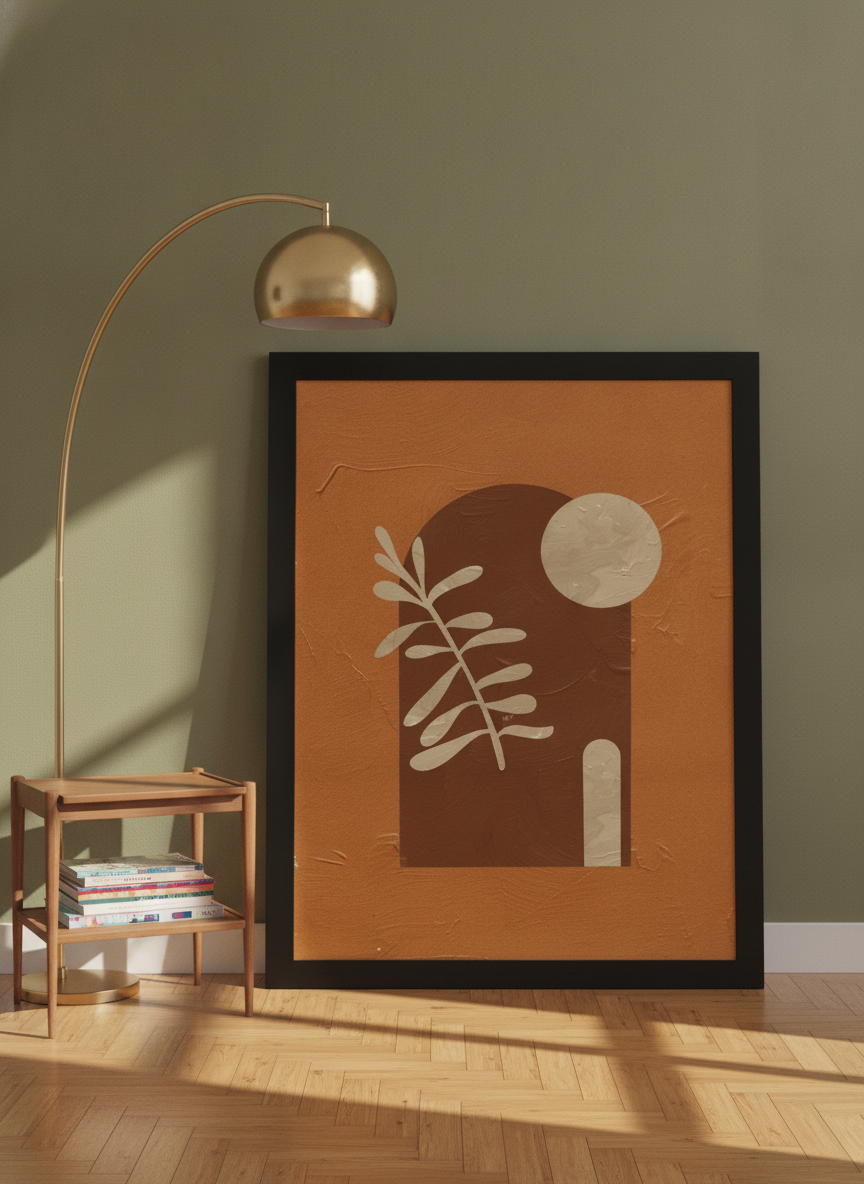Modern wall art print leaning against the wall in a mid-century living room