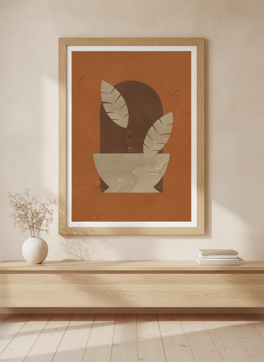 Modern wall art print styled on the wall in a warm Japandi living room