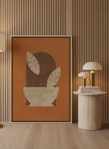 Canvas wall art with a natural timber surround leaning against the wall in a luxe home office