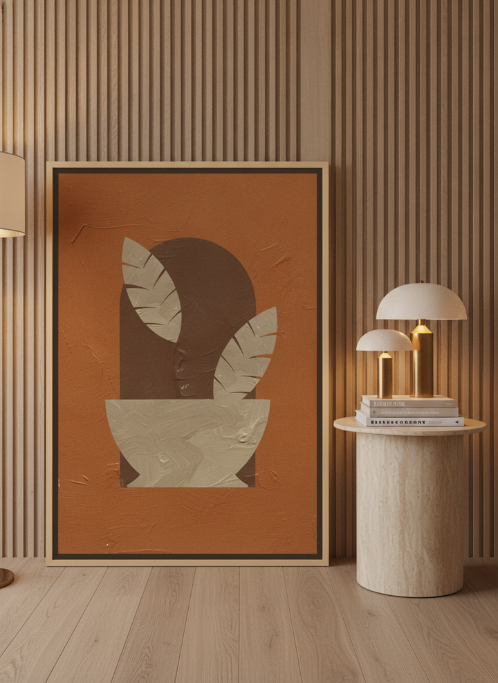 Canvas wall art with a natural timber surround leaning against the wall in a luxe home office