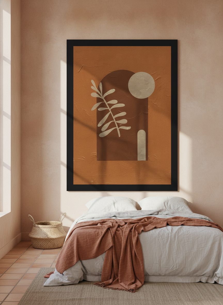 Oversized statement modern wall art print styled on the wall in a Mediterranean bedroom