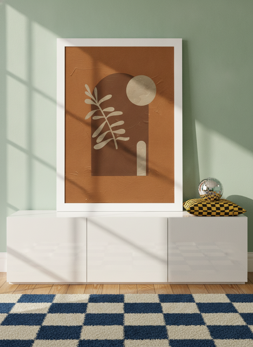 Modern wall art print standing on a sideboard in a colourful eclectic bedroom