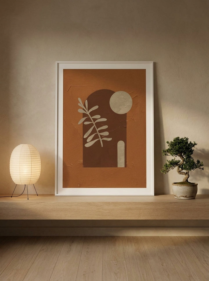 Modern wall art print standing on a shelf in a warm Japandi home office