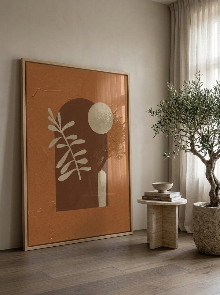 Oversized statement modern wall art print leaning against the wall in a luxe bedroom