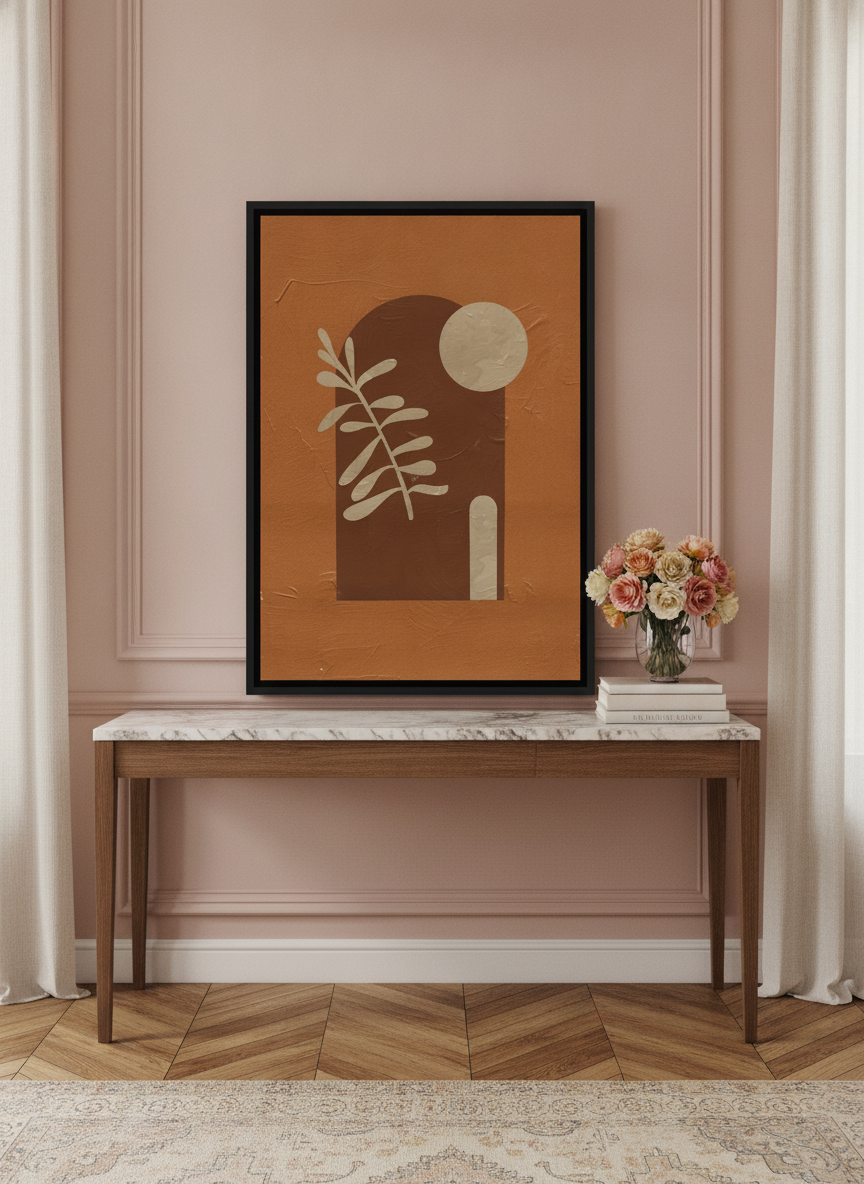 Canvas wall art with a black surround standing on a console in a Parisian living room