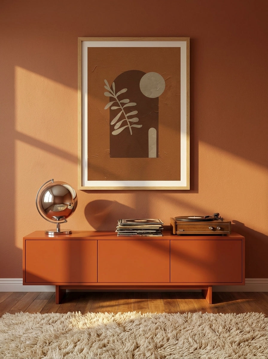 Modern wall art print styled on the wall in a retro 70s living room