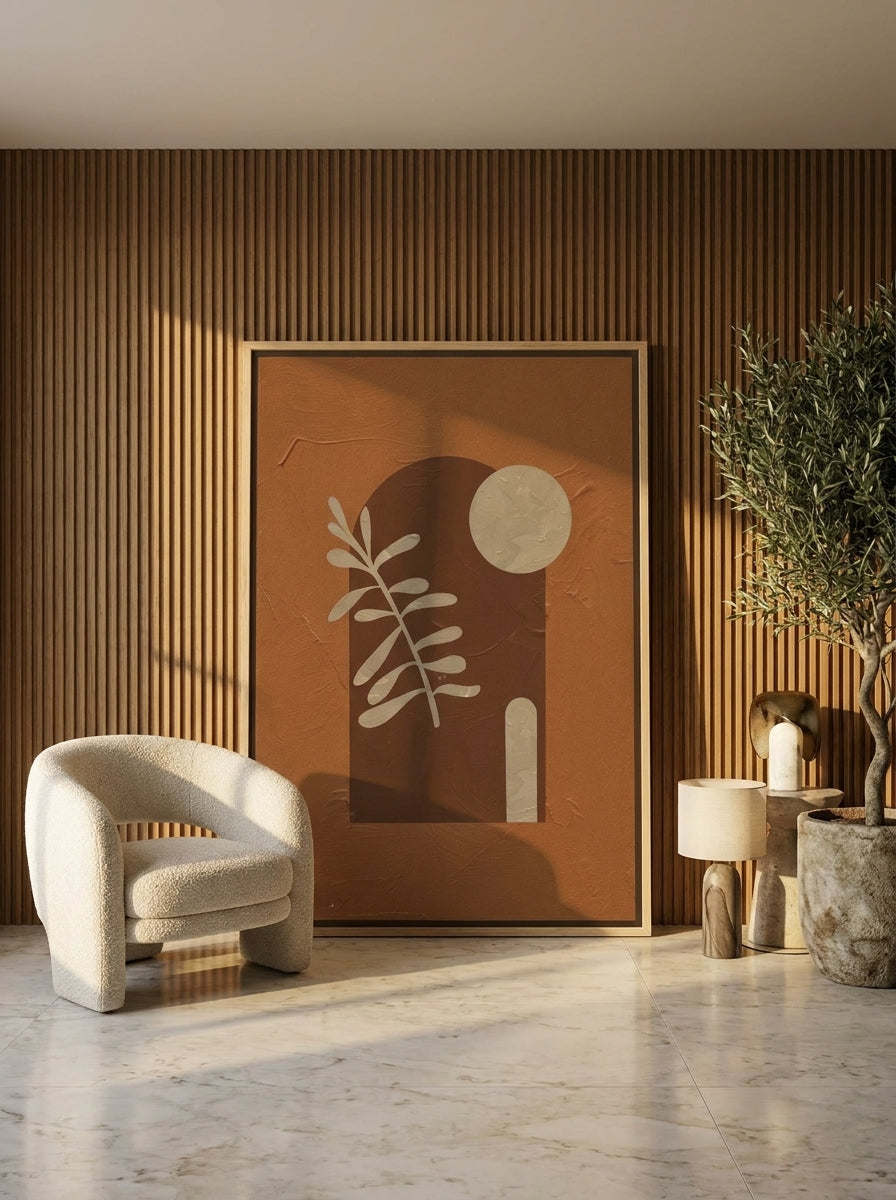 Oversized statement canvas wall art with a natural timber surround leaning against the wall in a luxe dining room