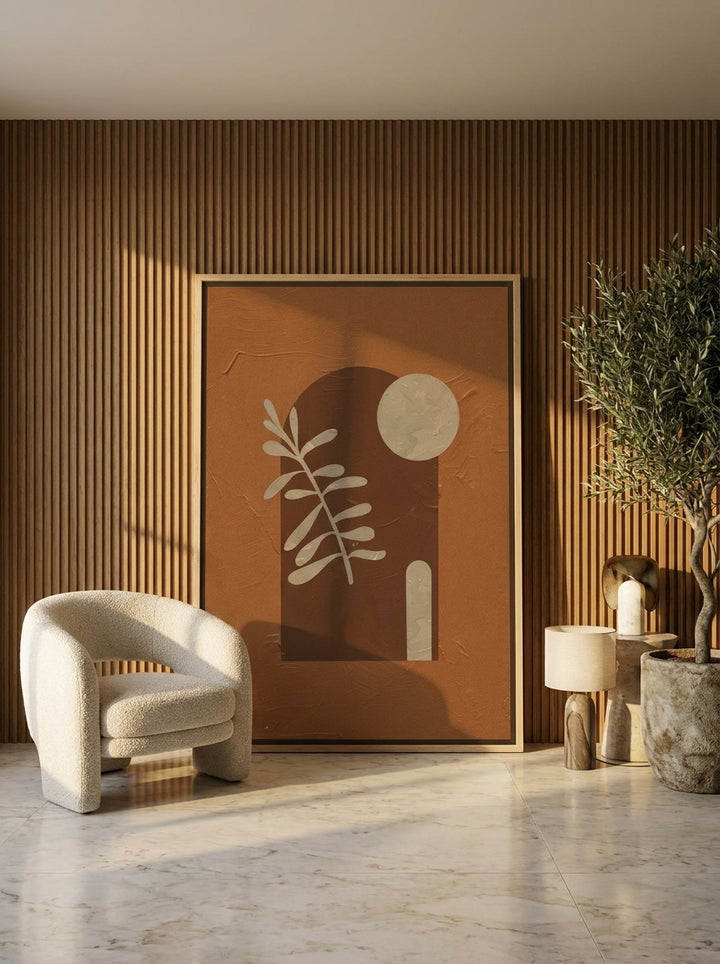 Oversized statement canvas wall art with a natural timber surround leaning against the wall in a luxe dining room
