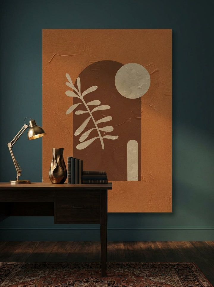 Stretched canvas wall art styled on the wall in a moody home office