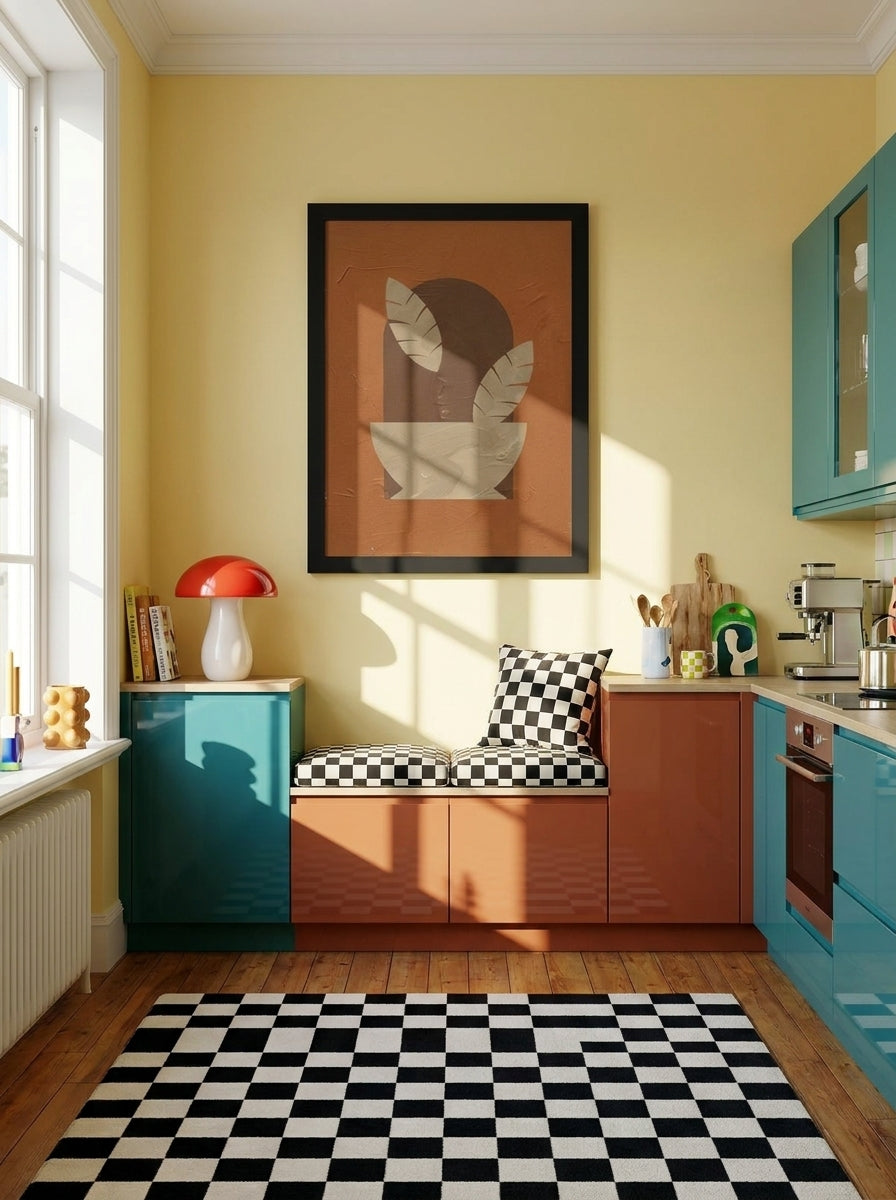 Modern wall art print styled on the wall in a colourful eclectic kitchen
