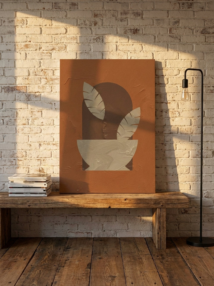 Stretched canvas wall art standing on a bench in an industrial loft bedroom