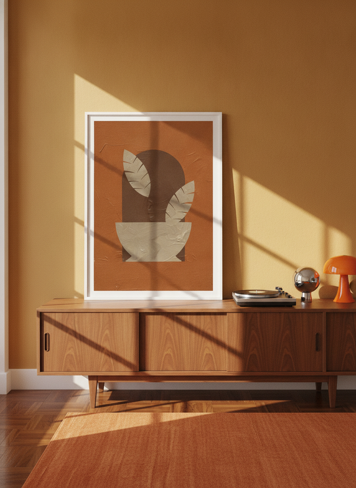 Modern wall art print standing on a sideboard in a retro 70s home office