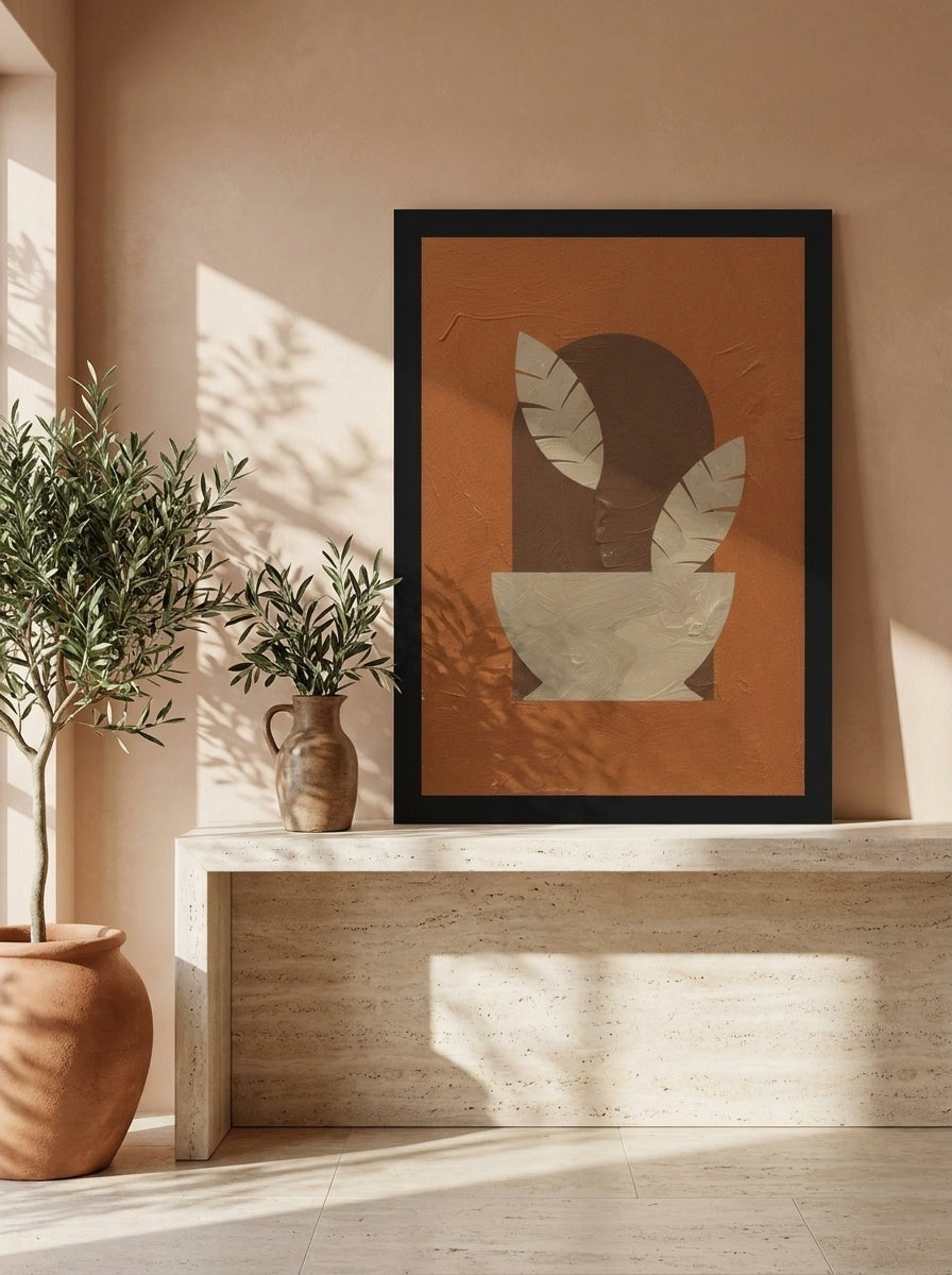 Modern wall art print standing on a console in a Mediterranean bedroom