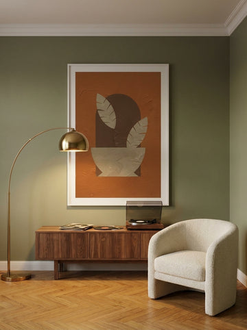 Oversized statement modern wall art print styled on the wall in a mid-century living room