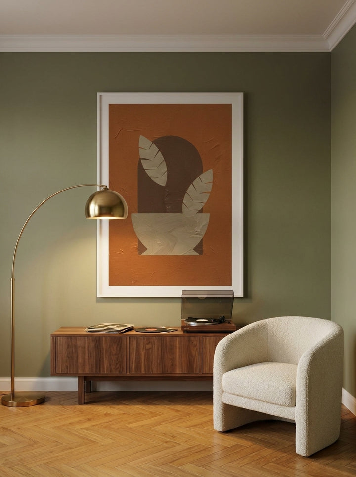 Oversized statement modern wall art print styled on the wall in a mid-century living room