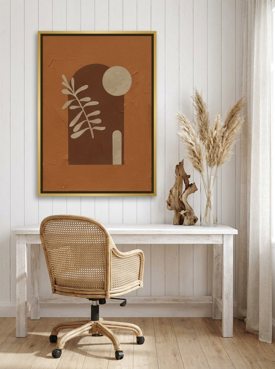 Canvas wall art with a gold leaf surround styled on the wall in a coastal home office