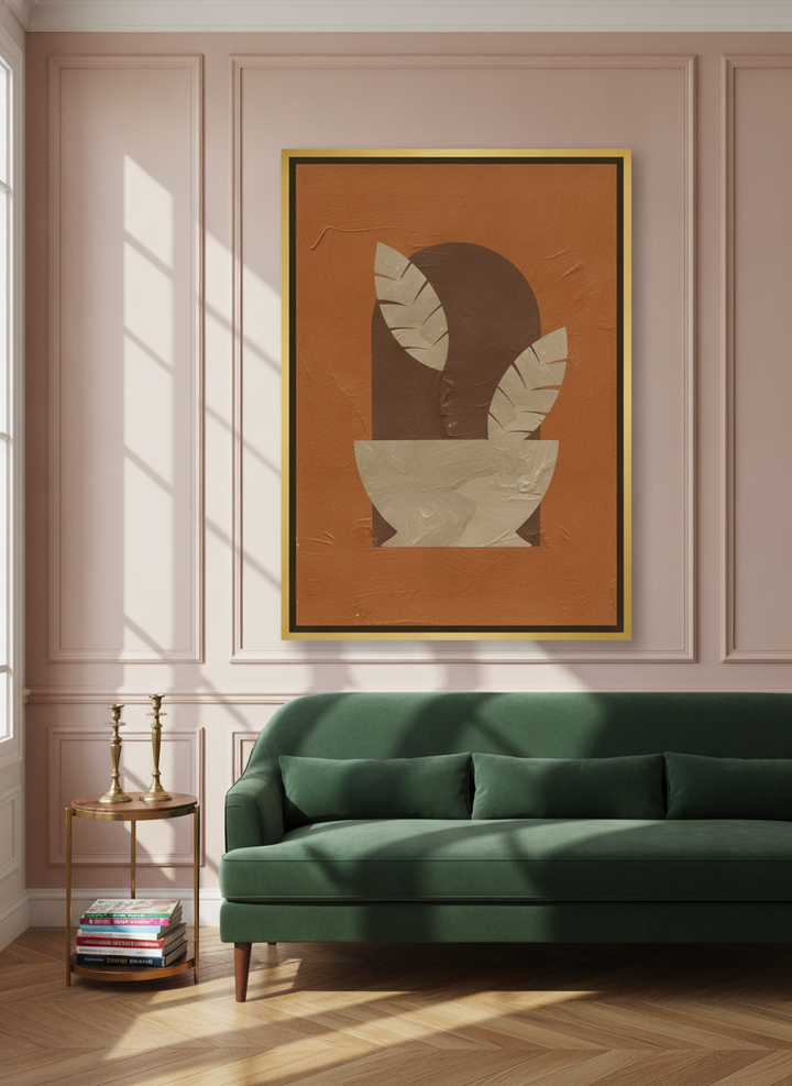 Oversized statement canvas wall art with a gold leaf surround styled on the wall in a Parisian living room