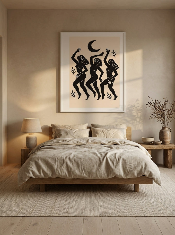 Modern wall art print styled on the wall in a warm Japandi bedroom
