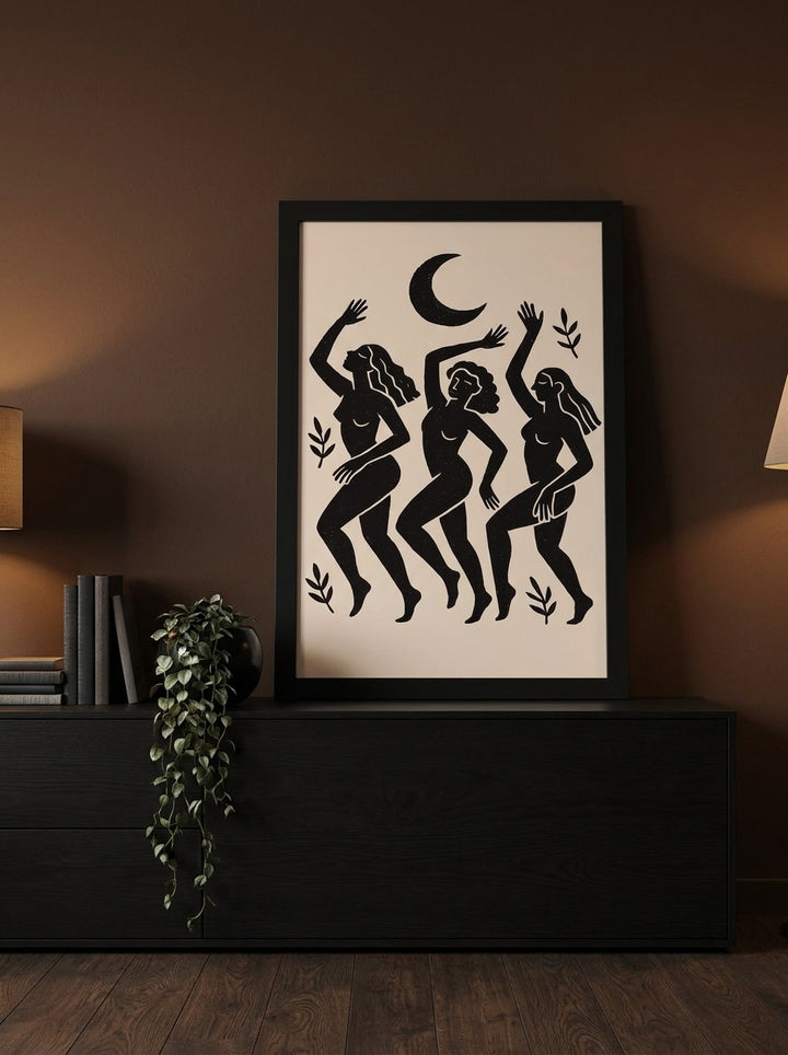 Modern wall art print standing on a console in a moody home office