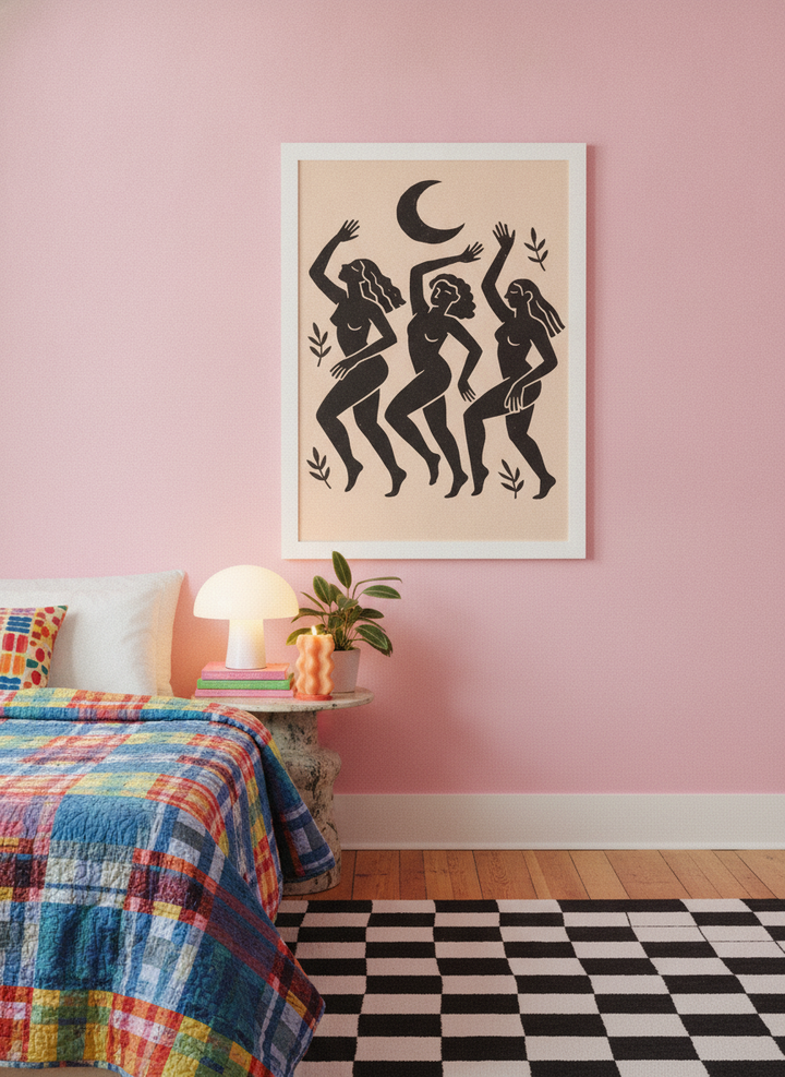 Modern wall art print styled on the wall in a colourful eclectic bedroom