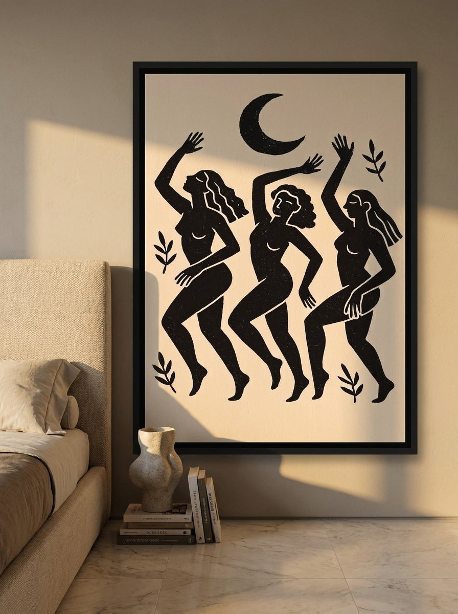 Canvas wall art with a black surround styled on the wall in a luxe bedroom