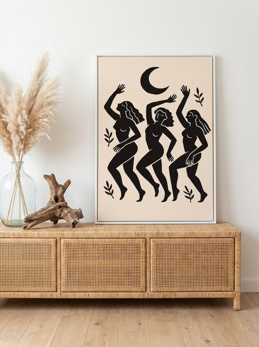 Canvas wall art with a white surround standing on a sideboard in a coastal home office