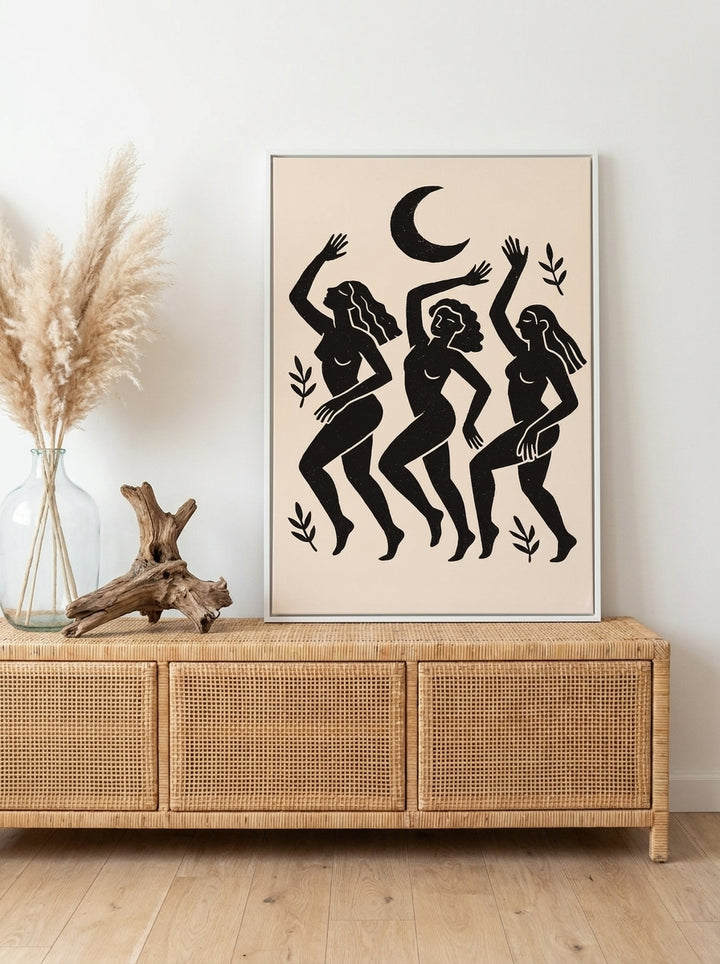 Canvas wall art with a white surround standing on a sideboard in a coastal home office