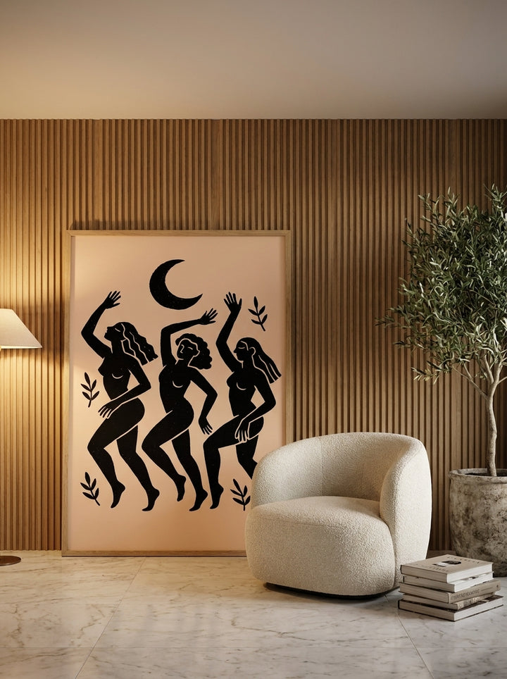 Oversized statement modern wall art print leaning against the wall in a luxe dining room