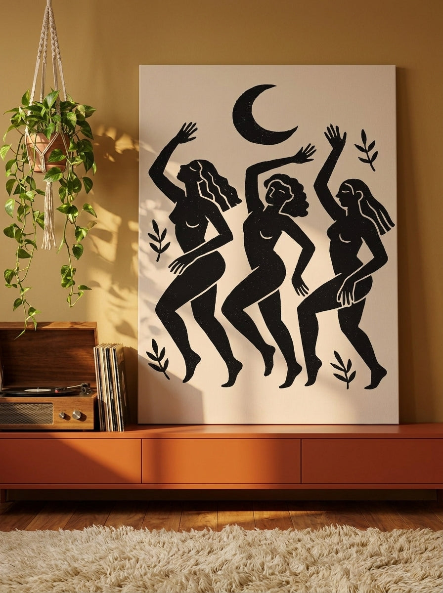 Stretched canvas wall art standing on a sideboard in a retro 70s living room