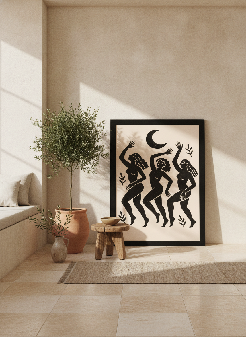 Oversized statement modern wall art print leaning against the wall in a Mediterranean living room