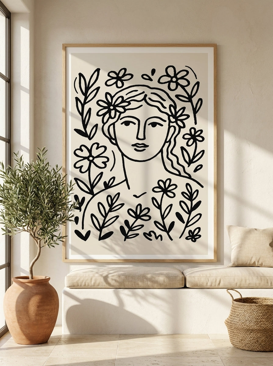 Modern wall art print styled on the wall in a Mediterranean living room