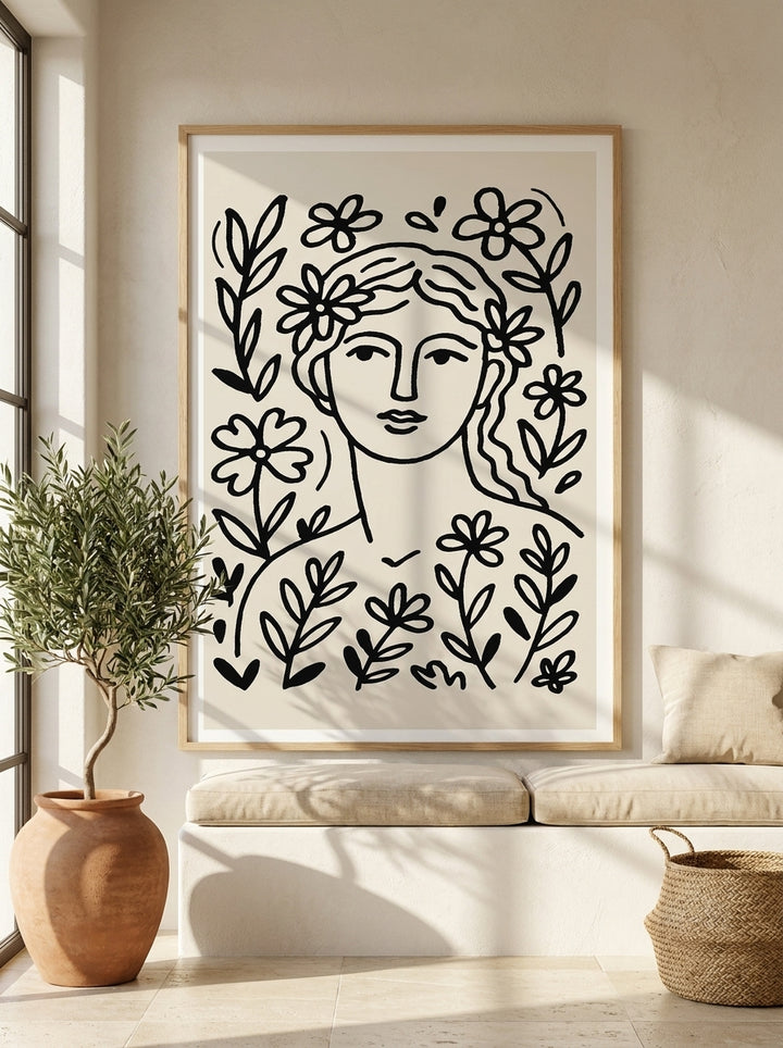 Modern wall art print styled on the wall in a Mediterranean living room