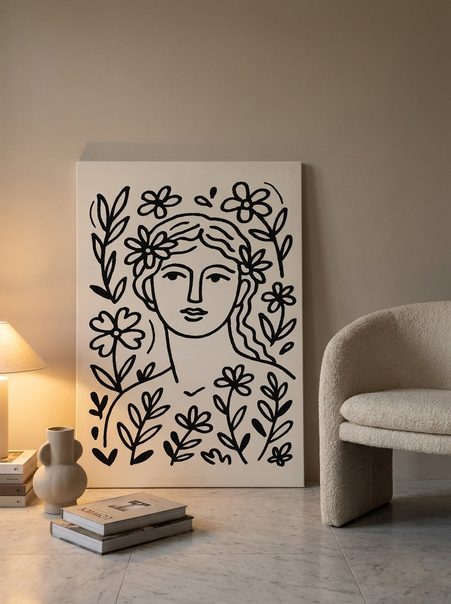 Stretched canvas wall art leaning against the wall in a luxe home office