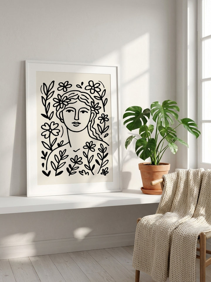 Modern wall art print standing on a shelf in a bright Scandinavian home office