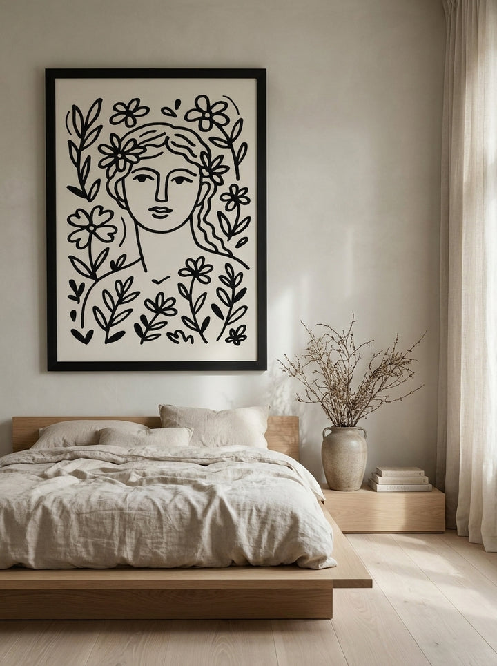 Oversized statement modern wall art print styled on the wall in a warm Japandi bedroom