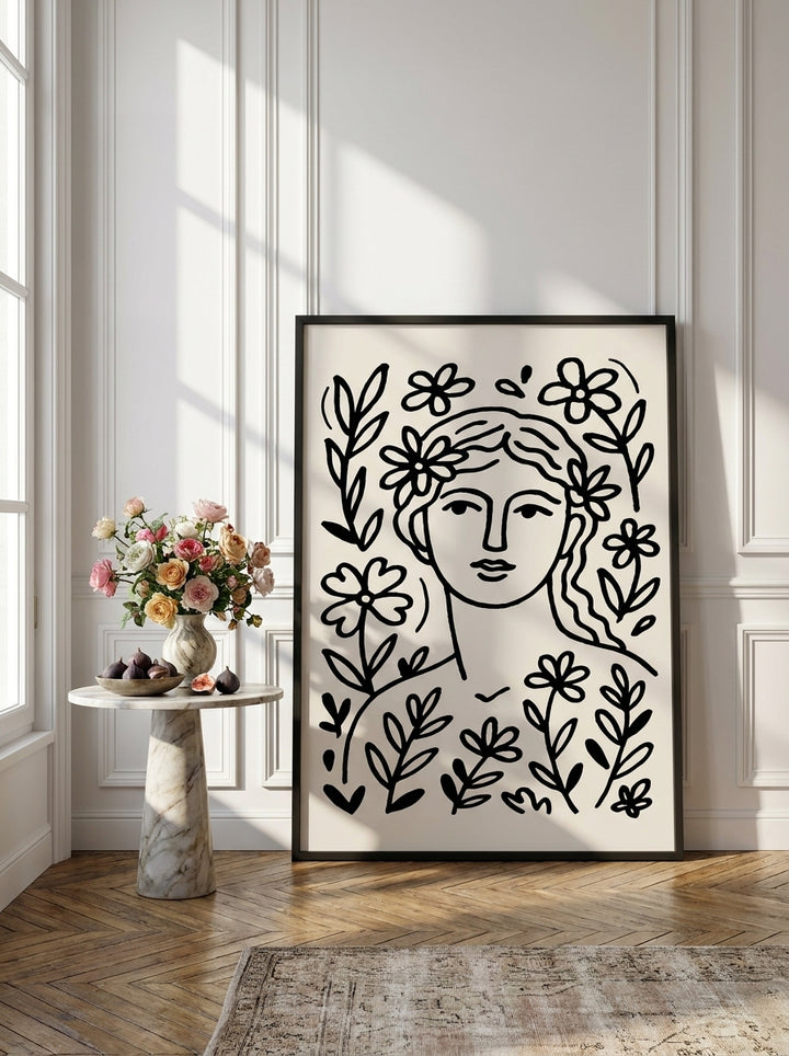 Oversized statement modern wall art print leaning against the wall in a Parisian living room
