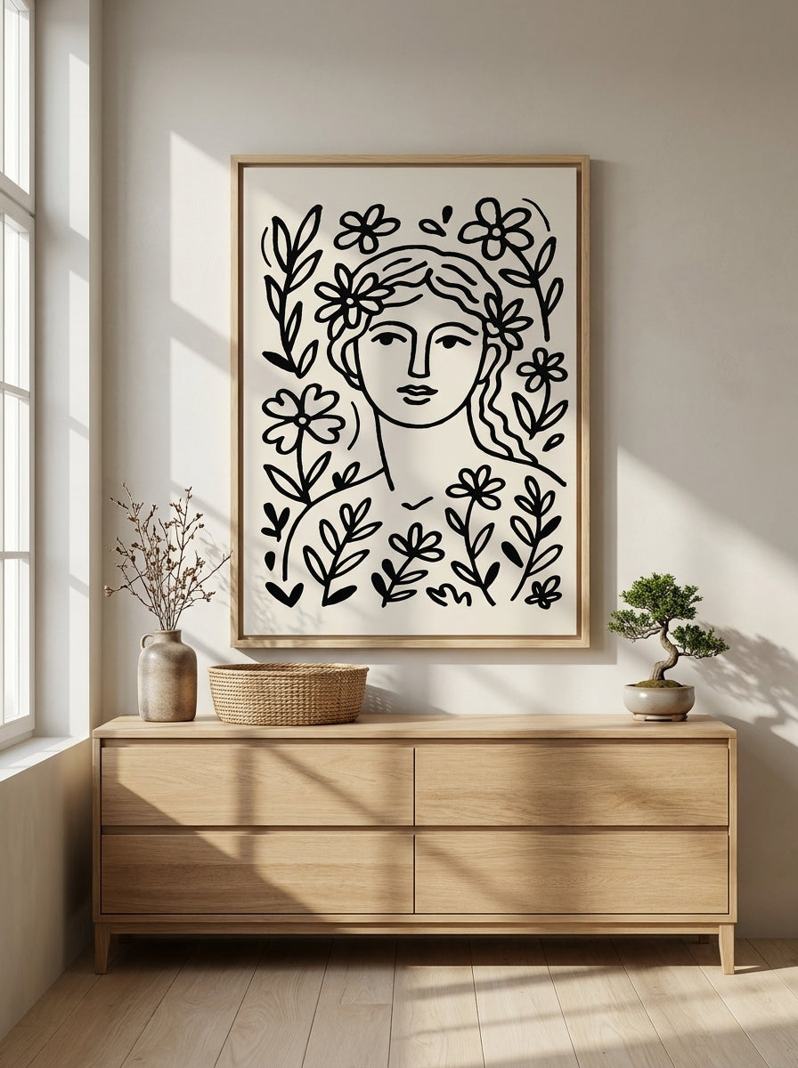 Canvas wall art with a natural timber surround styled on the wall in a warm Japandi nursery