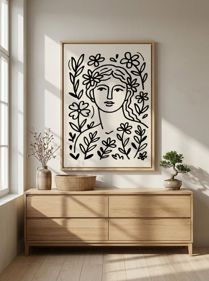 Canvas wall art with a natural timber surround styled on the wall in a warm Japandi nursery
