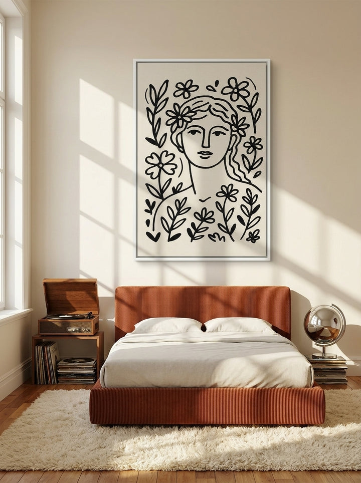 Canvas wall art with a white surround styled on the wall in a retro 70s bedroom