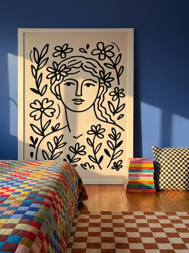 Modern wall art print styled on the wall in a colourful eclectic bedroom