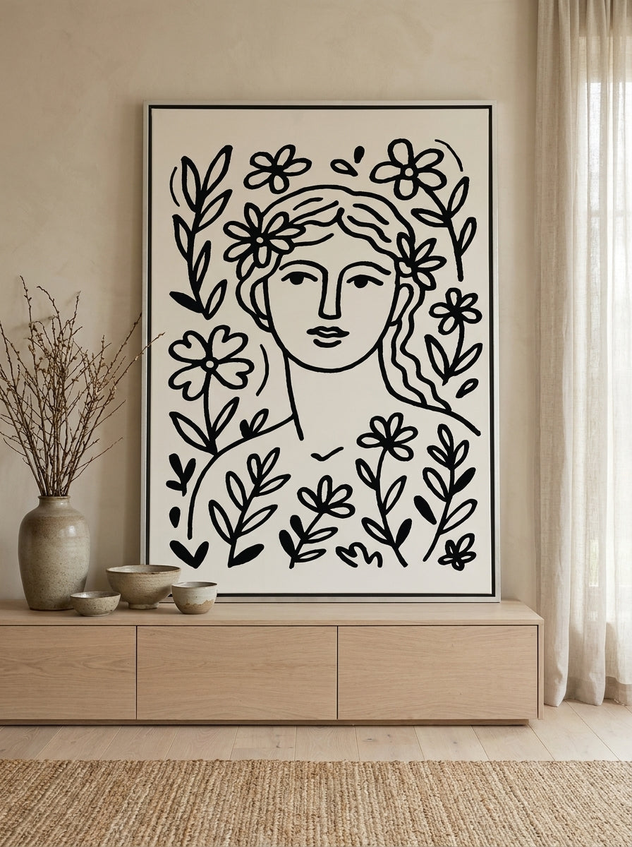 Canvas wall art with a silver leaf surround standing on a sideboard in a warm Japandi nursery