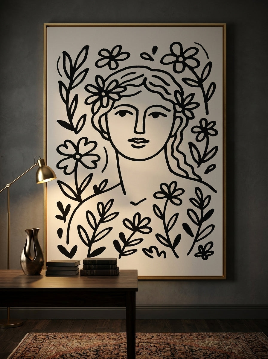 Oversized statement canvas wall art with a gold leaf surround styled on the wall in a moody home office