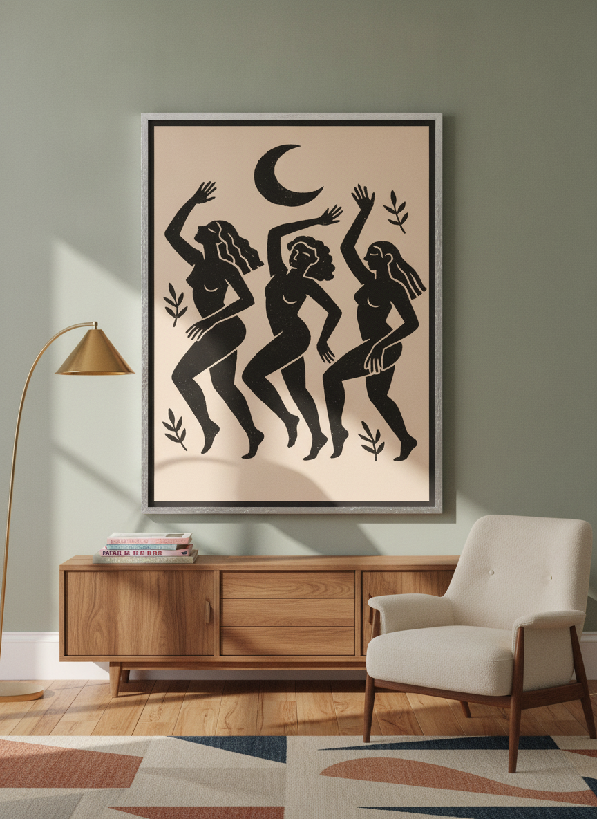 Oversized statement canvas wall art with a silver leaf surround styled on the wall in a mid-century living room