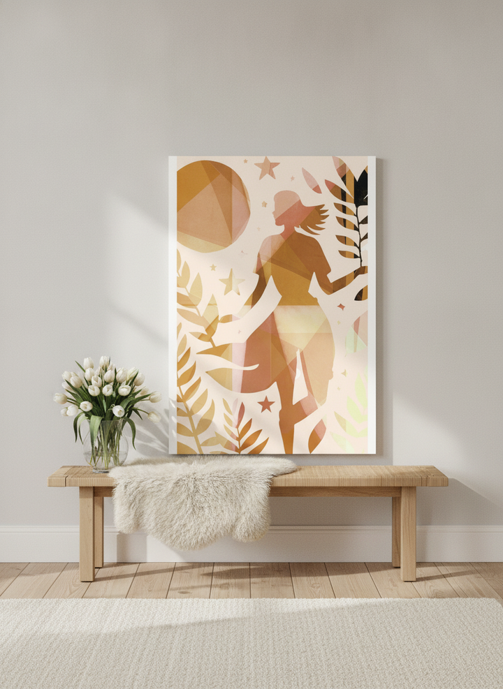 Stretched canvas wall art standing on a bench in a bright Scandinavian living room