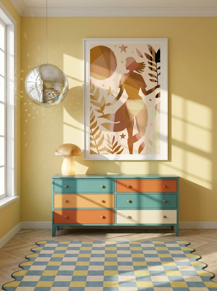 Modern wall art print styled on the wall in a colourful eclectic nursery
