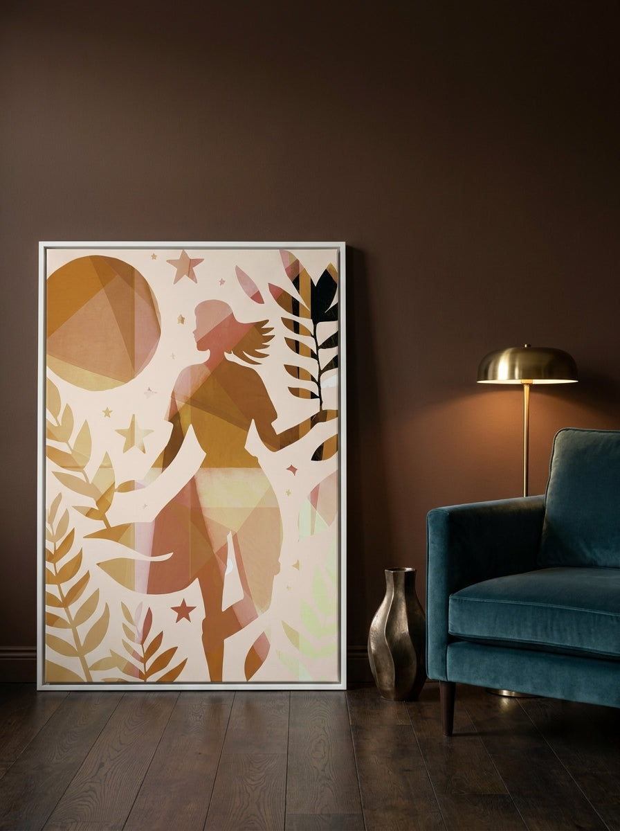 Canvas wall art with a white surround leaning against the wall in a moody home office